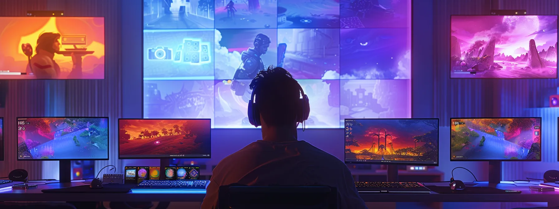 a gamer surrounded by vibrant screens, adjusting settings and collecting rewards on the damaan app.