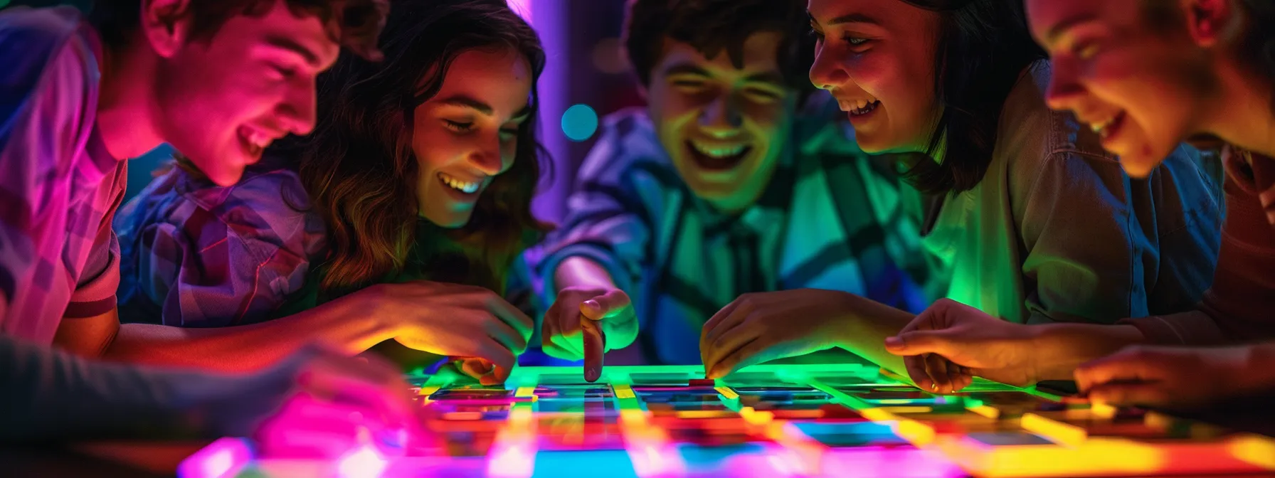 a group of friends laughing and strategizing around a colorful game board during a lively game of daman.