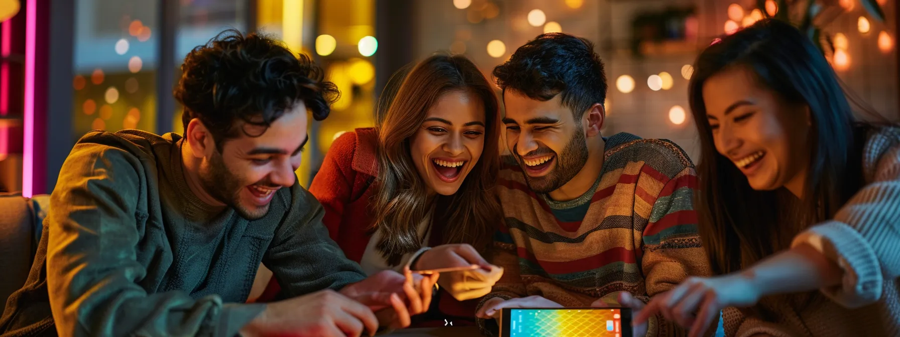 a group of friends smiling and laughing while playing a variety of exciting games on the damaan app.